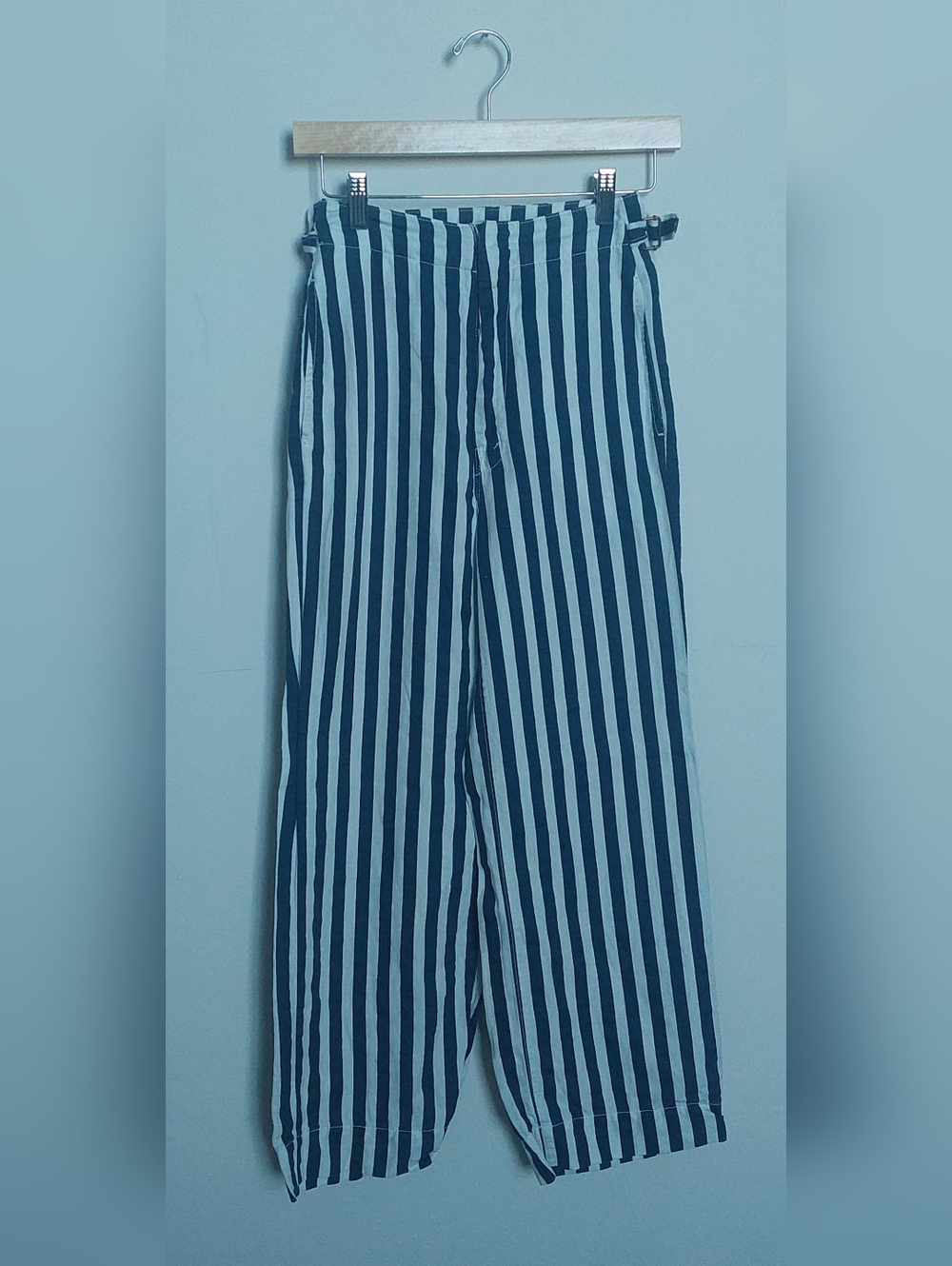 Mother High-Waist Vertical Stripe Wide-Leg Pants - Navy & White